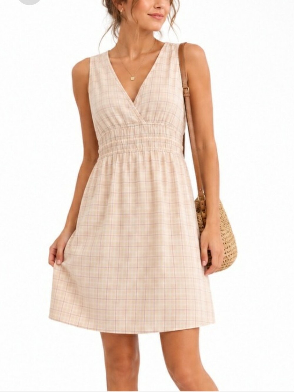 CONVERSE ONE TAN & WHITE V NECK SLEEVELESS COTTON BABYDOLL MIDI DRESS SIZE L